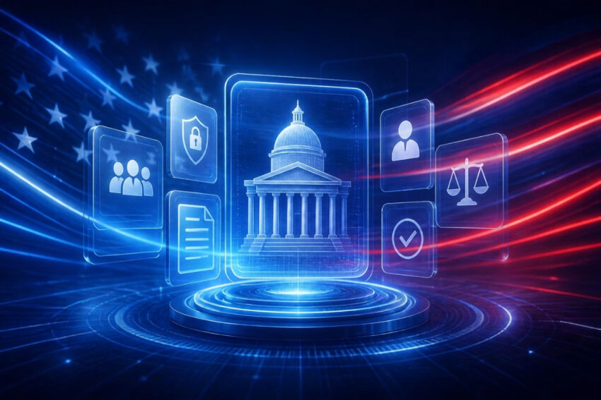 Holographic US Capitol building with digital service icons and American flag light trails, representing the America.gov federal website