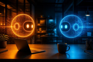 Two glowing AI assistant orbs, one blue and one orange, facing each other above a small business desk
