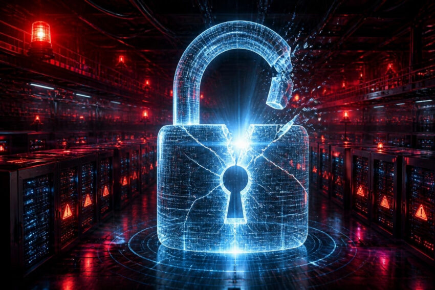 Digital illustration of a cracked holographic padlock in a server room under red alert lighting, representing the F5 BIG-IP zero-day vulnerability