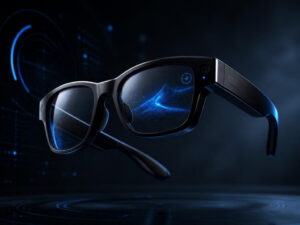 Sleek black smart glasses with a glowing blue display reflection in the lens on a dark studio background