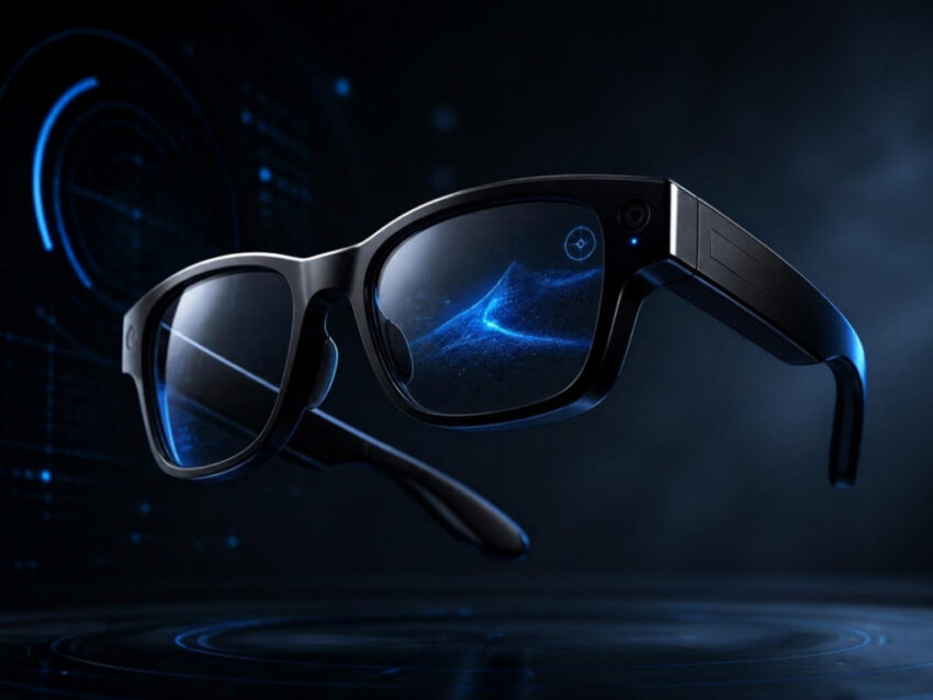 Sleek black smart glasses with a glowing blue display reflection in the lens on a dark studio background