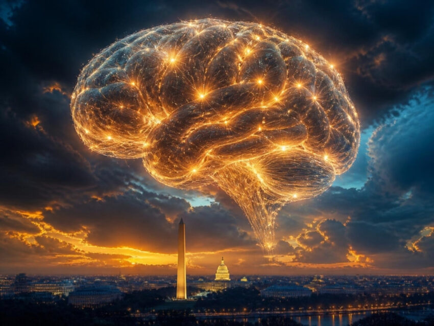 Digital illustration of a glowing AI neural network brain rising over the Washington D.C. skyline at dusk