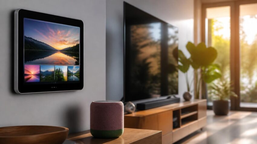 Wall-mounted Apple smart home hub display next to a HomePod mini smart speaker and a TV in a modern living room