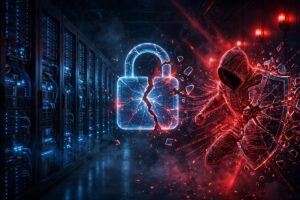 Hooded hacker figure shattering a digital padlock in a server room, representing the Warlock ransomware attack on Microsoft SharePoint servers