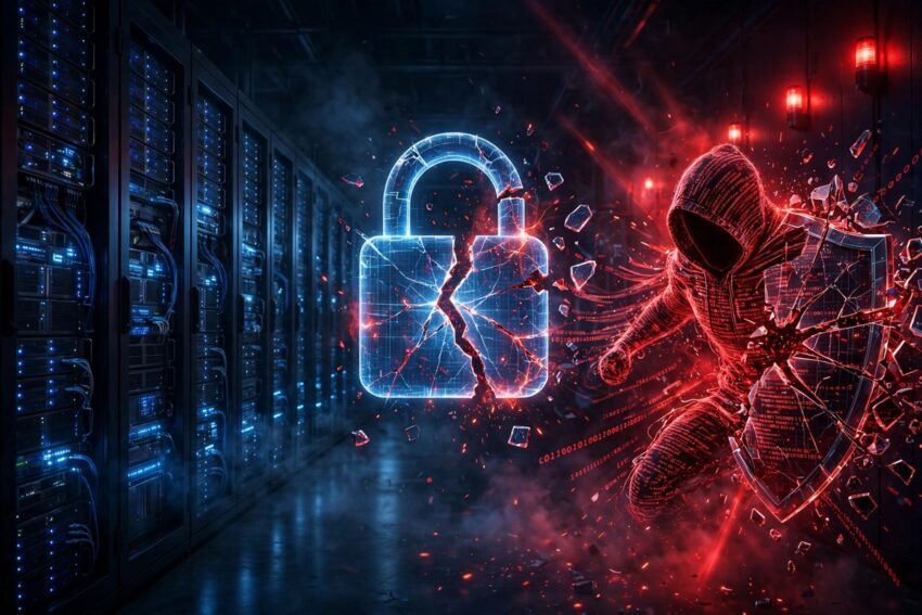 Hooded hacker figure shattering a digital padlock in a server room, representing the Warlock ransomware attack on Microsoft SharePoint servers