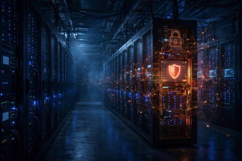 Illustration of a server rack highlighted in warning orange with a shield, representing the Pantheon security incident