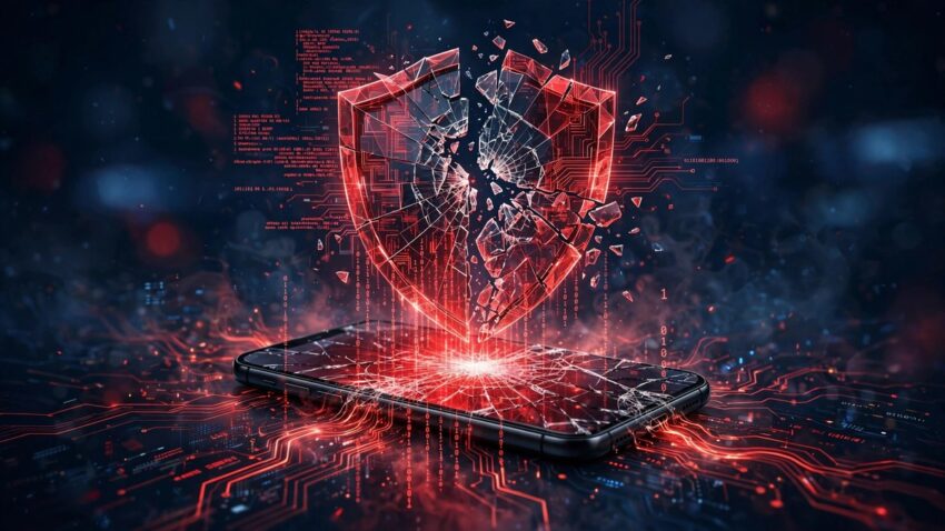Illustration of a smartphone with a shattered screen and a splitting digital security shield, representing the Apple CoreGraphics zero-day CVE-2026-86950