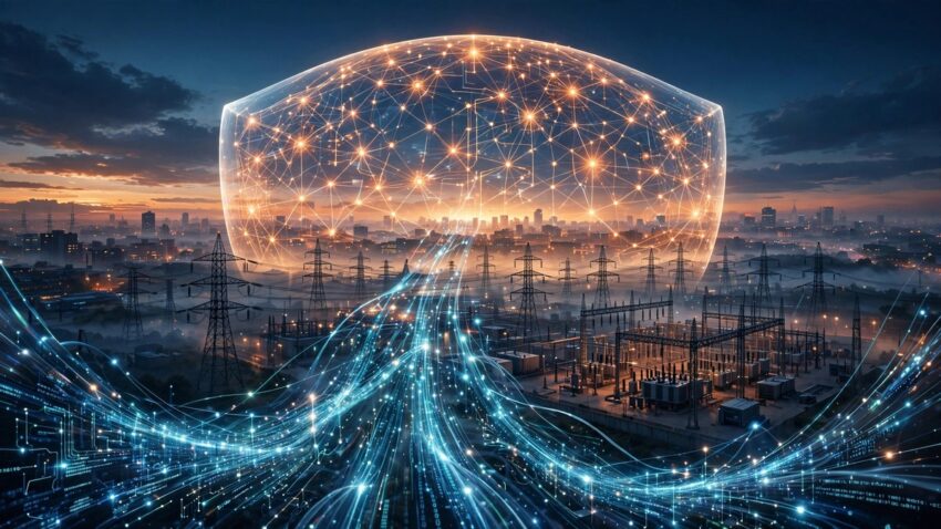 AI neural network shield protecting a city power grid at dusk, illustrating the Anthropic Cyber Mission for critical infrastructure and open source security