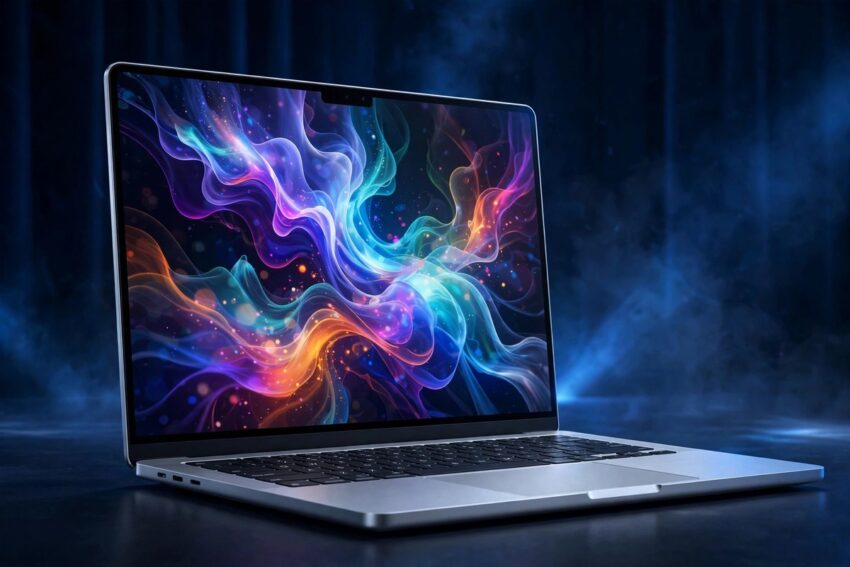 Illustration of a touchscreen MacBook Pro with a glowing OLED display on a dark stage, for Apple's October 28 Pro and Tell event