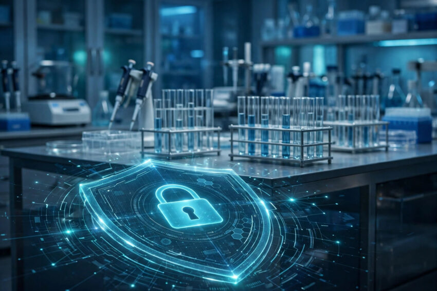 Clinical laboratory with test tubes and a glowing digital security shield representing patient data protection after the Quest Diagnostics breach