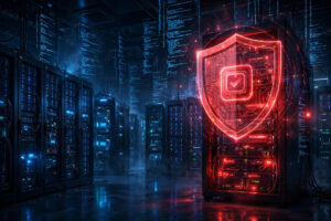 AhsayCBS emergency hotfix, red security shield protecting backup servers in a dark server room