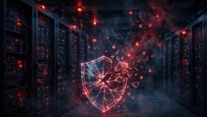 Cracked glowing security shield in a dark server room illustrating the AhsayCBS zero-day vulnerability compromising backup servers