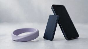 Amazon Bee Frontier wristband wearable and Bee Eclipse magnetic phone device on a studio surface