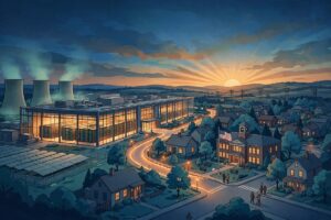 Illustration of the Amazon Built Together program showing a modern Amazon data center next to a community skyline at dusk