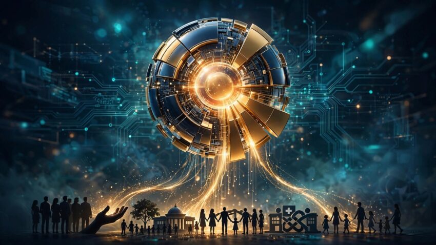 Anthropic Public Benefit Fund illustration showing golden equity share segments flowing from a glowing emblem toward people silhouettes