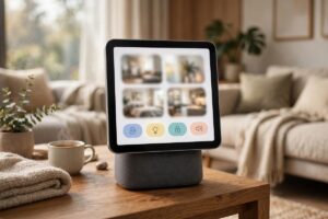 Apple HomeView smart home hub with 7-inch touchscreen display on tabletop speaker base in a modern living room