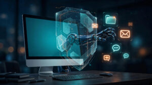 Illustration of a Mac with a security shield stopping an AI agent from accessing files, mail, and messages