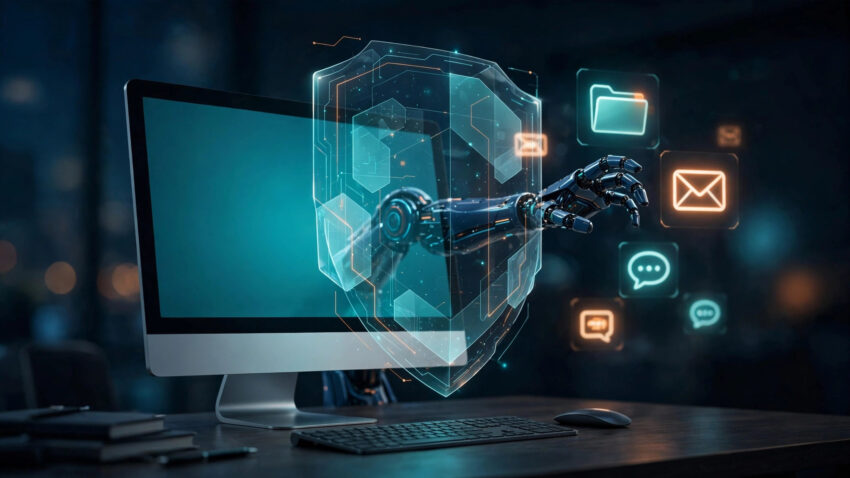 Illustration of a Mac with a security shield stopping an AI agent from accessing files, mail, and messages