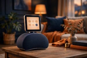 Apple smart home hub with a square display on a fabric speaker base in a cozy living room
