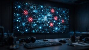 Network operations center monitoring wall showing a network topology map with red alert highlights, illustrating a critical SQL injection vulnerability in a network management console