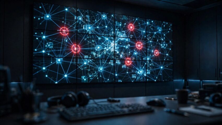 Network operations center monitoring wall showing a network topology map with red alert highlights, illustrating a critical SQL injection vulnerability in a network management console