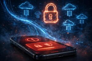 Smartphone showing a red security alert with a glowing padlock and cloud database graphics, representing the reported ASOS hack and alleged Snowflake data breach