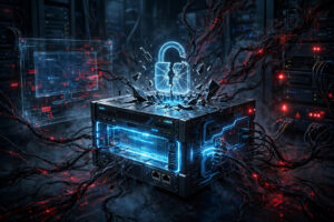 Illustration of a BeyondTrust Remote Support appliance under cyberattack with a cracked digital padlock