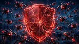 Illustration of a glowing red circuit-board shield cracking under a swarm of cyber intruders over a data-center skyline, representing Bill Gates warning about AI-powered cyberattacks
