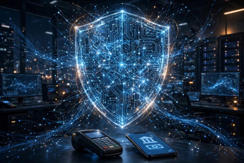 Holographic AI cybersecurity shield protecting payment devices, illustrating Block's OpenAI Daybreak defense system.