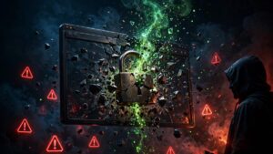 Shattered browser window with broken padlock and malicious code particles illustrating the Bricksforge CVE-2026-85097 WordPress vulnerability