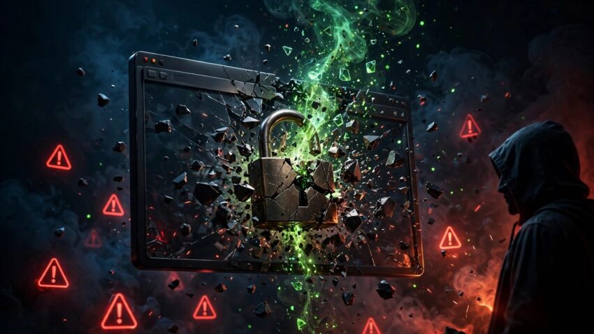Shattered browser window with broken padlock and malicious code particles illustrating the Bricksforge CVE-2026-85097 WordPress vulnerability