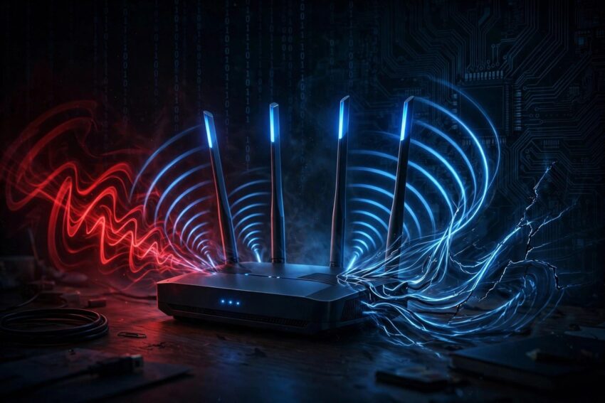 Stylized illustration of a home router under wireless attack with red malicious signal waves reaching the device