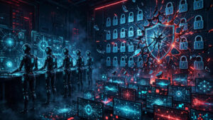 AI agent robots shattering digital padlocks and a security shield, illustrating the Cairn AI agent hacking campaign