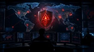 Network security operations center with glowing world map and red alert indicators, representing the Cisco Catalyst SD-WAN Manager zero-day vulnerability