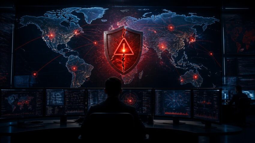 Network security operations center with glowing world map and red alert indicators, representing the Cisco Catalyst SD-WAN Manager zero-day vulnerability