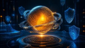 Glowing amber AI core orb with orbiting circuit rings above a dark engineering workspace with cybersecurity holograms, representing Google Gemini 4 Argon