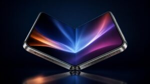 Foldable smartphone half-opened showing a large inner display and titanium hinge on a dark studio background, representing the iPhone Duo