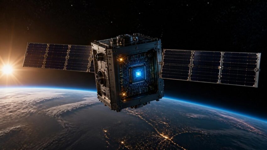 Google Project Suncatcher satellite with AI chips orbiting above Earth