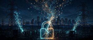 Digital illustration of a cracked padlock leaking data above power lines and the Houston skyline at night, representing the CenterPoint Energy data breach