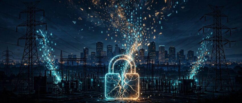 Digital illustration of a cracked padlock leaking data above power lines and the Houston skyline at night, representing the CenterPoint Energy data breach