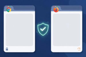 Two browser windows with a glowing security shield between them, illustrating the Chrome 155 and Firefox 158 security updates
