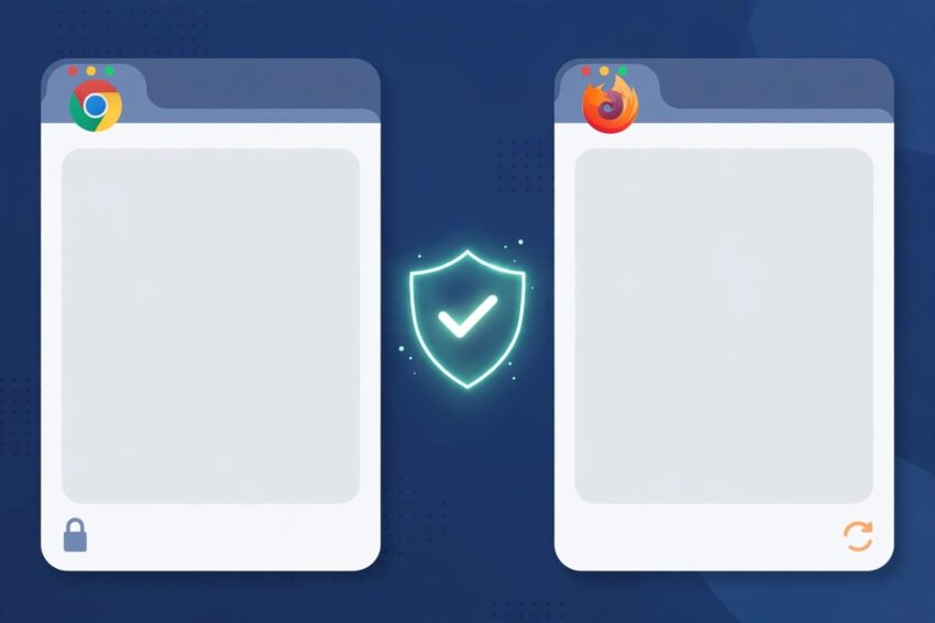 Two browser windows with a glowing security shield between them, illustrating the Chrome 155 and Firefox 158 security updates