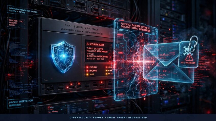 Illustration of a Cisco Secure Email Gateway appliance intercepting a malicious email attachment, representing the CVE-2026-76519 zero-day vulnerability