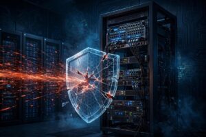 Illustration of a Citrix NetScaler VPN gateway appliance under cyber attack with a cracked digital security shield