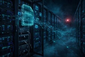 Illustration of server racks with glowing document icons and a red warning beacon representing the Collabora Online CVE-2026-110447 vulnerability affecting Nextcloud servers.