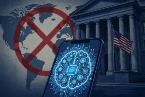 Illustration of a smartphone with a glowing AI chip and brain emblem in front of a US federal building with an American flag and a world map marked with a red restriction ring.