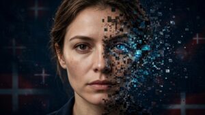 Half of a woman's face dissolving into digital pixels, illustrating AI deepfakes and Denmark's new law on digital replicas.