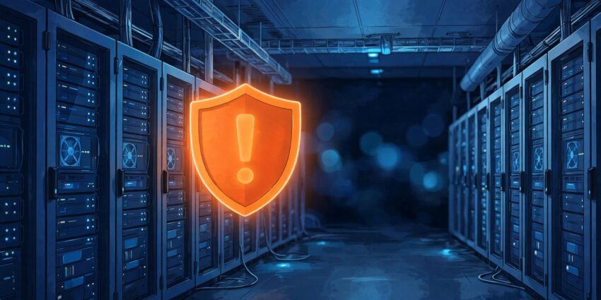 Drupal critical security update - alert shield over server room.