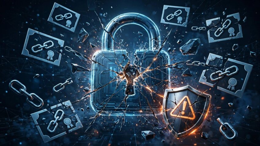 Cracked digital padlock and broken certificate chains illustrating the eMudhra certificate authority key compromise