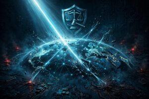 Illustration of a cybersecurity shield over a global network as the FBI seizes Flax Typhoon's MicroScan and FishHub hacking tools